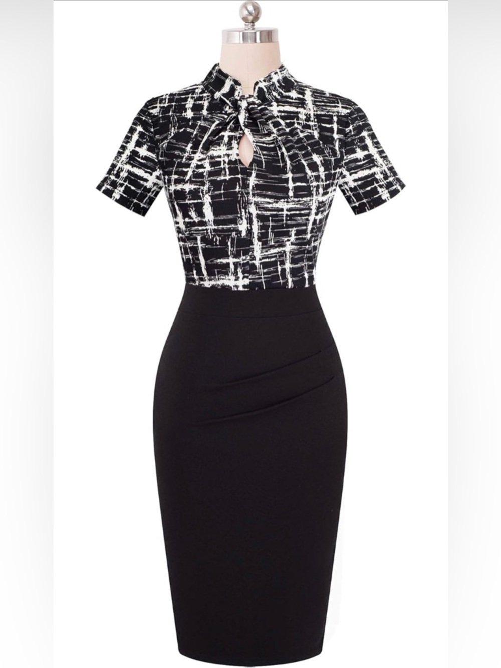 Black & White Short-Sleeve Midi Sheath Dress